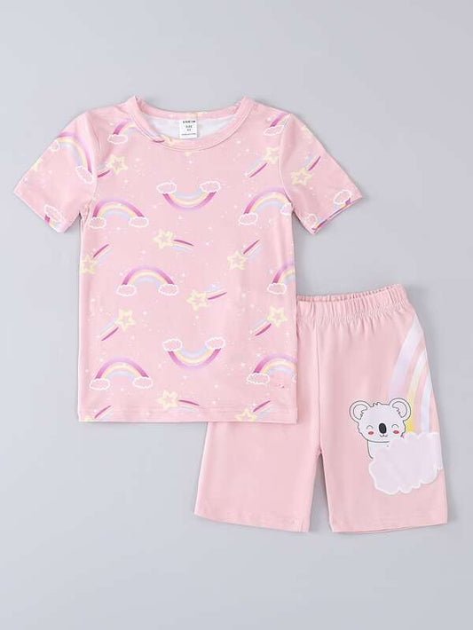 SHEIN Kids QTFun Toddler Girls Rainbow & Cartoon Graphic Snug Fit PJ Set