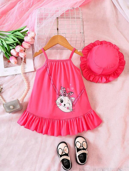 Baby Cartoon Graphic Ruffle Hem Cami Dress & Hat