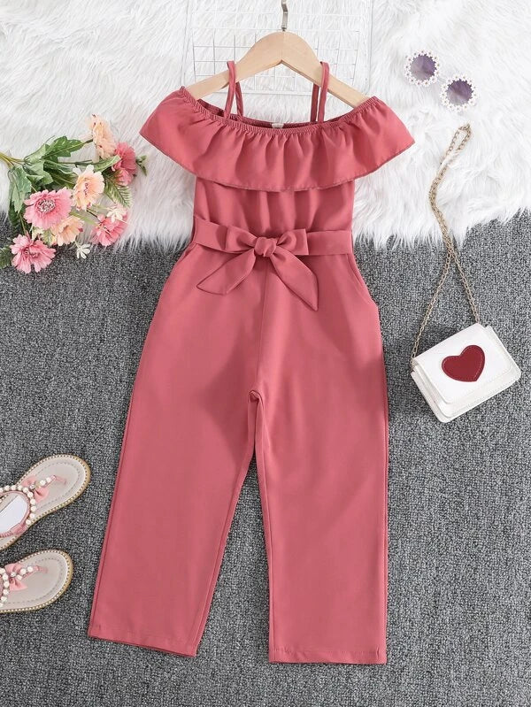 Toddler Girls Cold Shoulder Belted Jumpsuit Without Bag