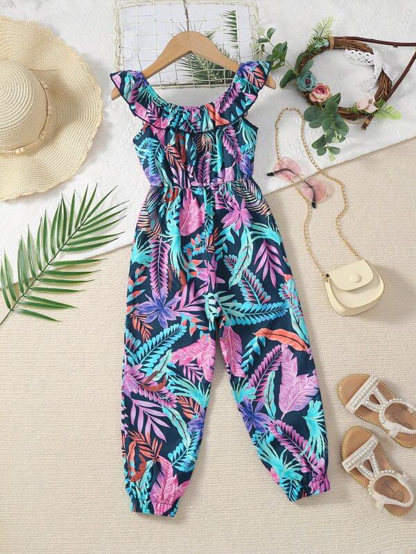 Toddler Girls Tropical Print Ruffle Trim Jumpsuit