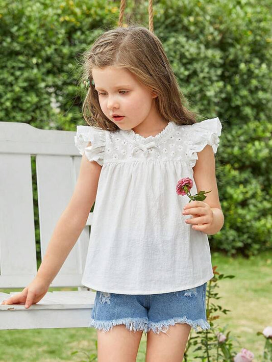 Toddler Girls 1pc Floral Embroidery Mock Neck Butterfly Sleeve Blouse