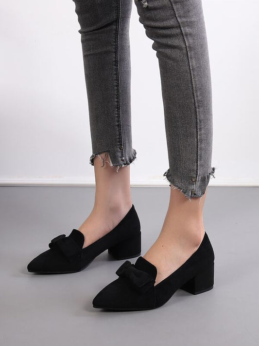 Bow Decor Point Toe Chunky Heeled Faux Suede Loafers