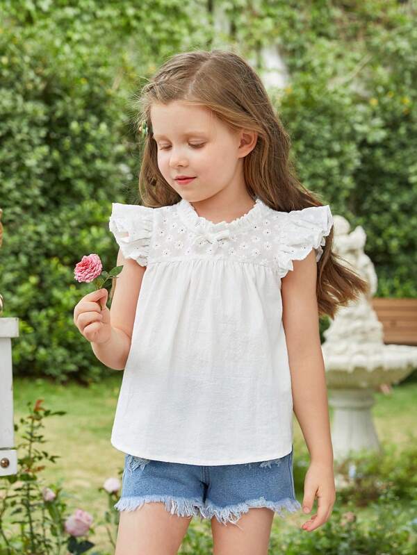 Toddler Girls 1pc Floral Embroidery Mock Neck Butterfly Sleeve Blouse