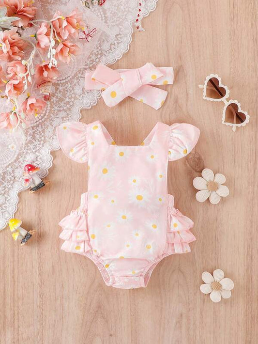 Baby Girl Floral Print Ruffle Trim Bodysuit & Headband