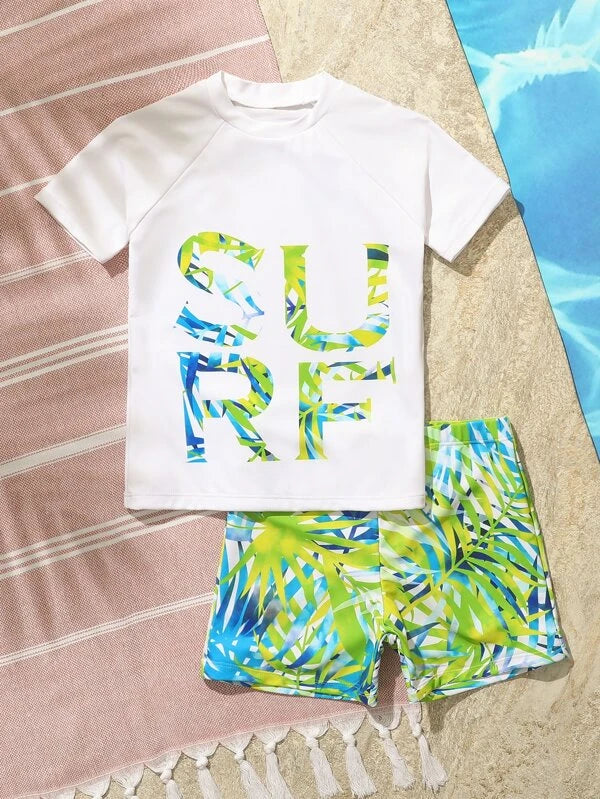 SHEIN Kids SUNSHNE Toddler Boys 1set Random Tropical & Letter Graphic High Neck Beach Swimsuit