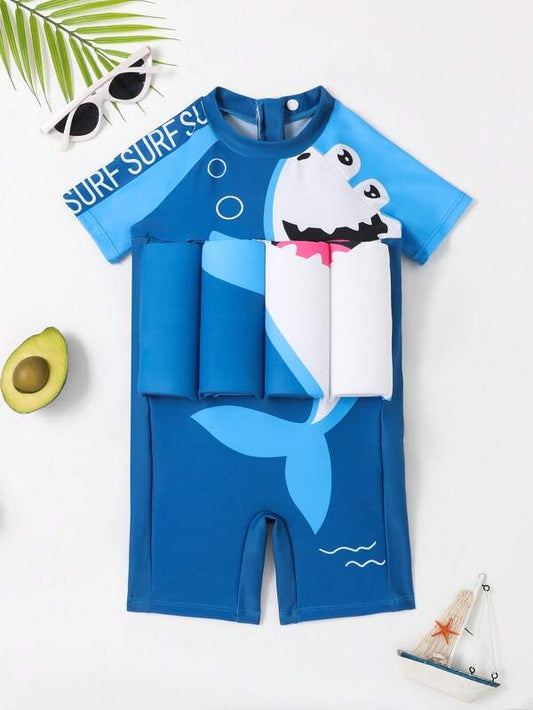 Little Boys' Short Sleeve Uv Protection Float Swimwear With Cute Shark Bubble Print For Summer