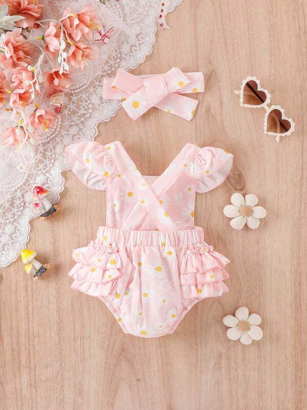 Baby Girl Floral Print Ruffle Trim Bodysuit & Headband