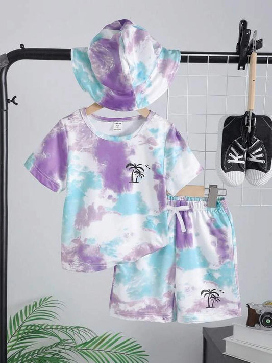 Toddler Boys Tie Dye Palm Tree Print Tee & Shorts & Hat