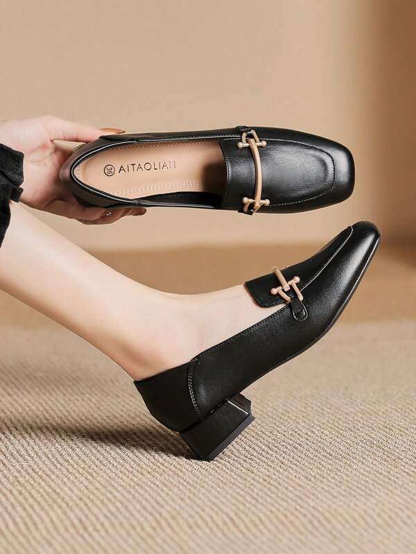 Women Metal Decor Square Toe Chunky Heeled Pumps, Elegant Black Loafer Pumps