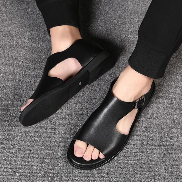 Men Cut Out Buckle Decor Sandals, Leisure Black Casual Sandals