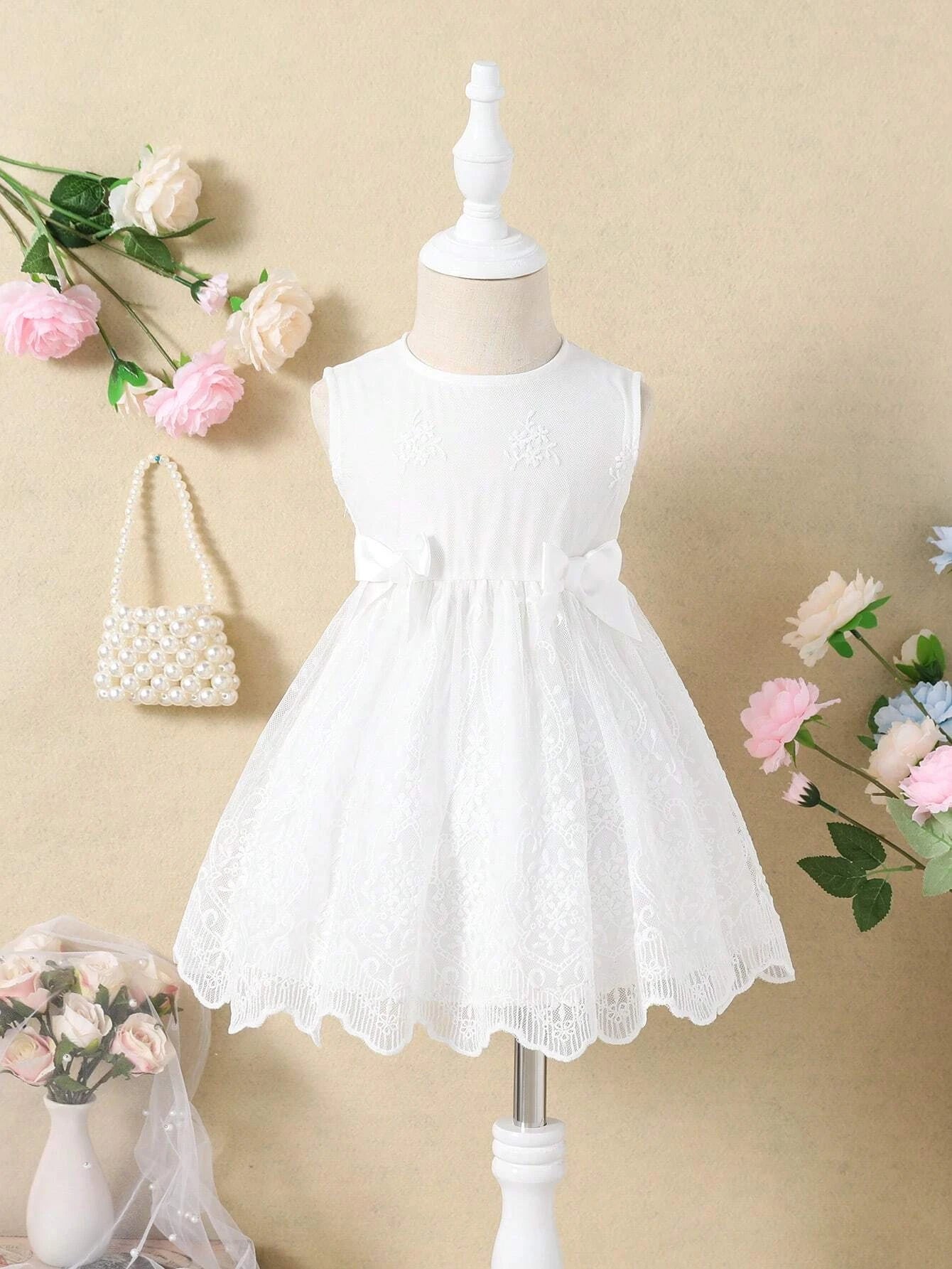 Baby Solid Bow Front Scallop Trim Dress