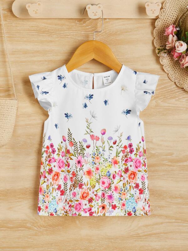 SHEIN Toddler Girls Floral Print Ruffle Trim Keyhole Back Blouse