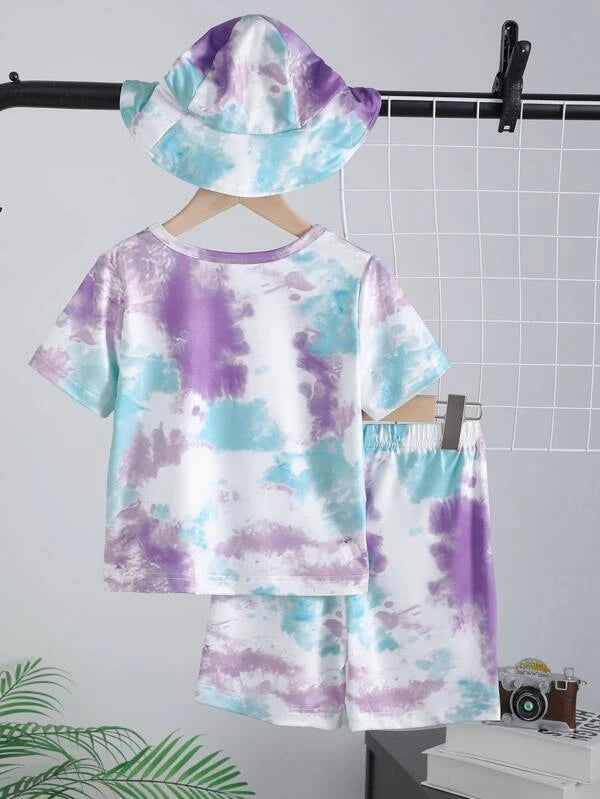 Toddler Boys Tie Dye Palm Tree Print Tee & Shorts & Hat