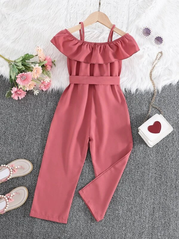 Toddler Girls Cold Shoulder Belted Jumpsuit Without Bag