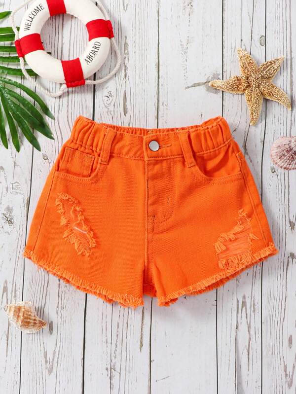 SHEIN Kids EVRYDAY Toddler Girls Ripped Raw Hem Denim Shorts