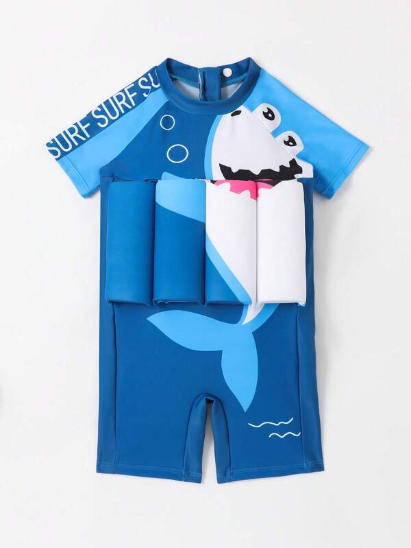 Little Boys' Short Sleeve Uv Protection Float Swimwear With Cute Shark Bubble Print For Summer