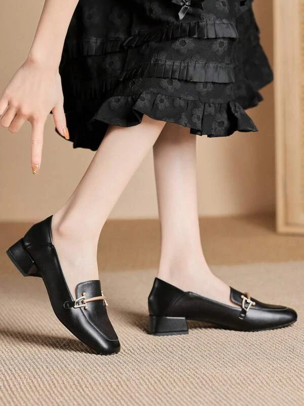 Women Metal Decor Square Toe Chunky Heeled Pumps, Elegant Black Loafer Pumps