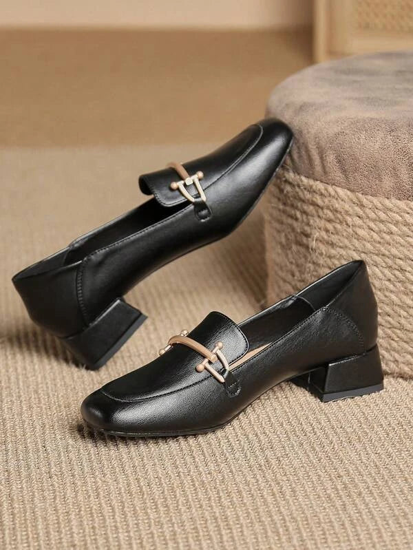 Women Metal Decor Square Toe Chunky Heeled Pumps, Elegant Black Loafer Pumps