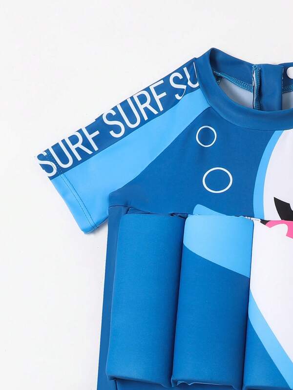 Little Boys' Short Sleeve Uv Protection Float Swimwear With Cute Shark Bubble Print For Summer