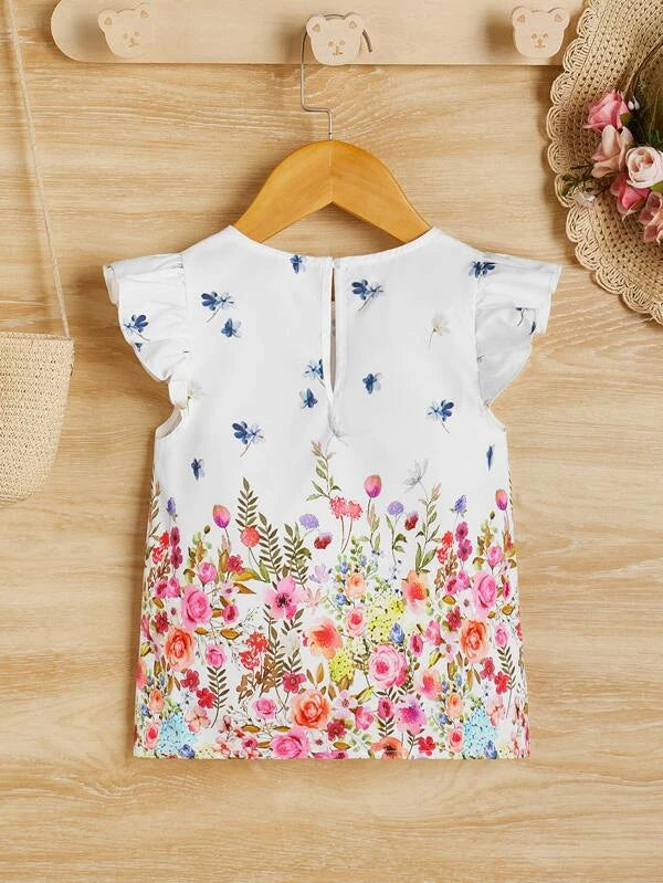 SHEIN Toddler Girls Floral Print Ruffle Trim Keyhole Back Blouse