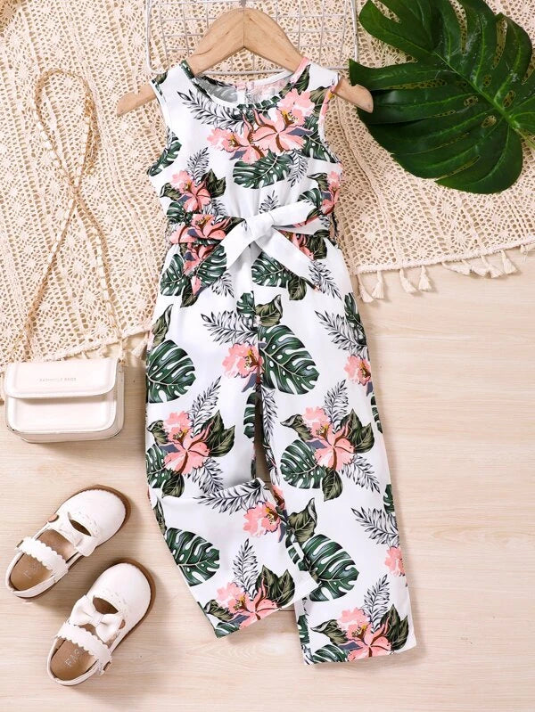 Toddler Girls Tropical Print Belted Tank Jumpsuit