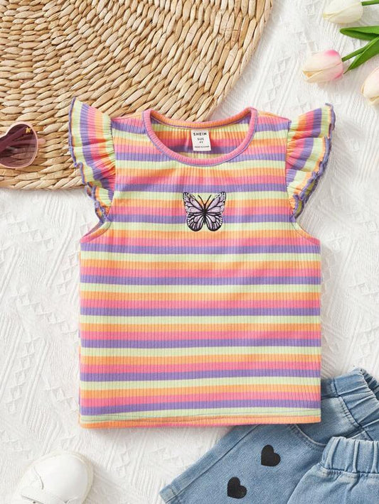 Toddler Girls Striped Embroidery Butterfly Pattern Ruffle Trim Tee