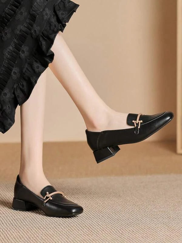 Women Metal Decor Square Toe Chunky Heeled Pumps, Elegant Black Loafer Pumps