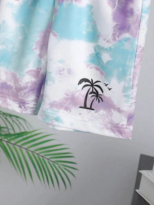 Toddler Boys Tie Dye Palm Tree Print Tee & Shorts & Hat