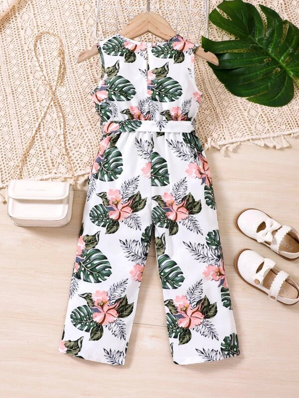 Toddler Girls Tropical Print Belted Tank Jumpsuit