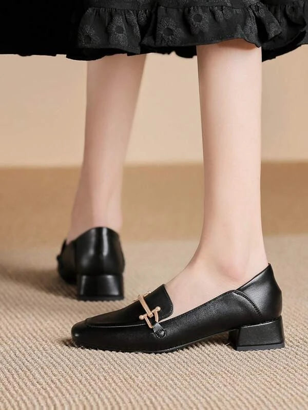 Women Metal Decor Square Toe Chunky Heeled Pumps, Elegant Black Loafer Pumps