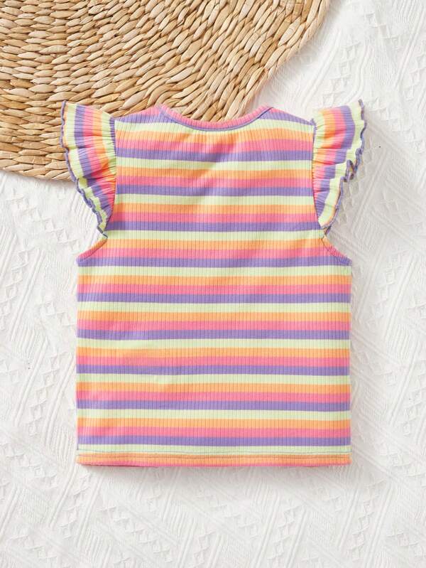 Toddler Girls Striped Embroidery Butterfly Pattern Ruffle Trim Tee