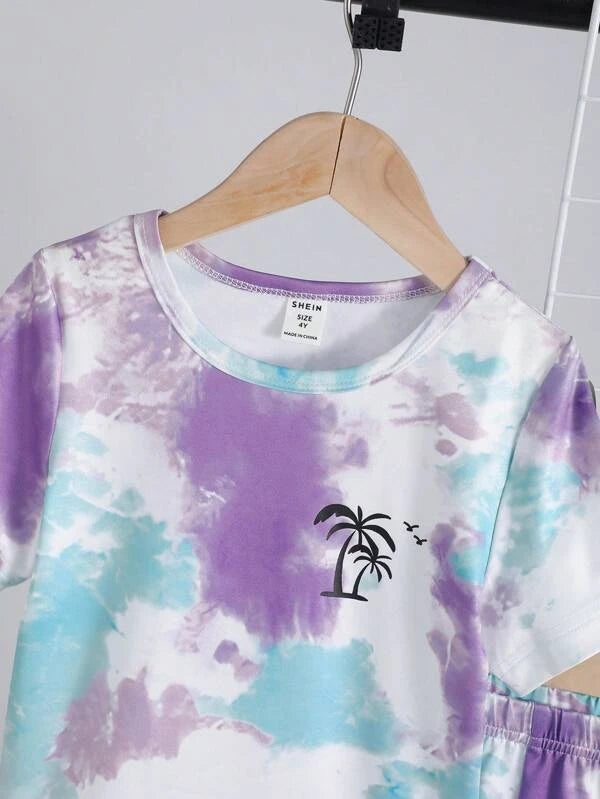 Toddler Boys Tie Dye Palm Tree Print Tee & Shorts & Hat