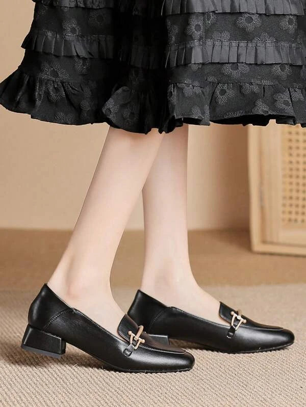 Women Metal Decor Square Toe Chunky Heeled Pumps, Elegant Black Loafer Pumps