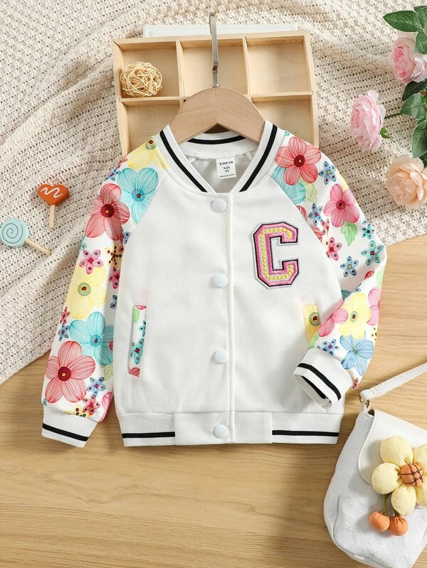 Toddler Girls Floral Print Raglan Sleeve Varsity Jacket