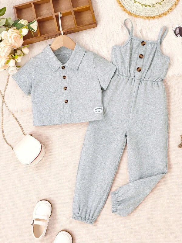 Toddler Girls Letter Patched Detail Shirt & Cami Jumpsuit