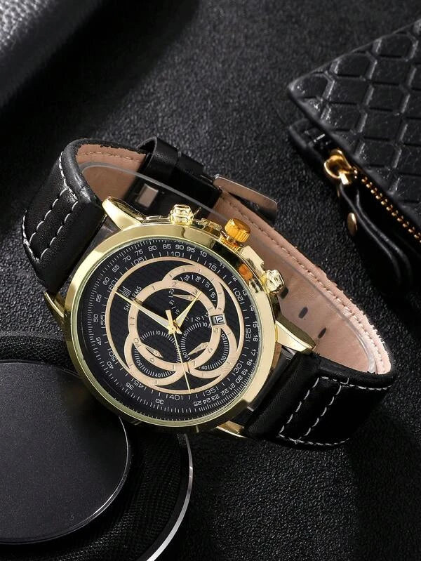 1pc Men Date Pointer Quartz Watch & 1pc Bracelet