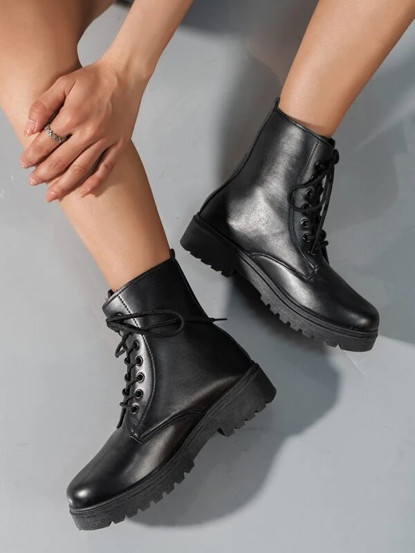 Women Lace Up Front Boots, Cool Black Combat Boots