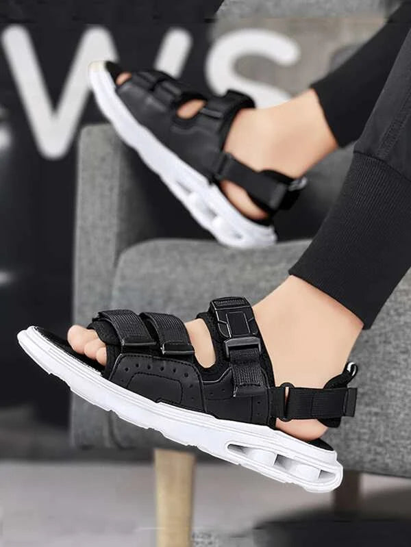 Men Release Buckle Decor Hook-and-loop Fastener Sandals, Sporty Mesh Sport Sandals For Summer