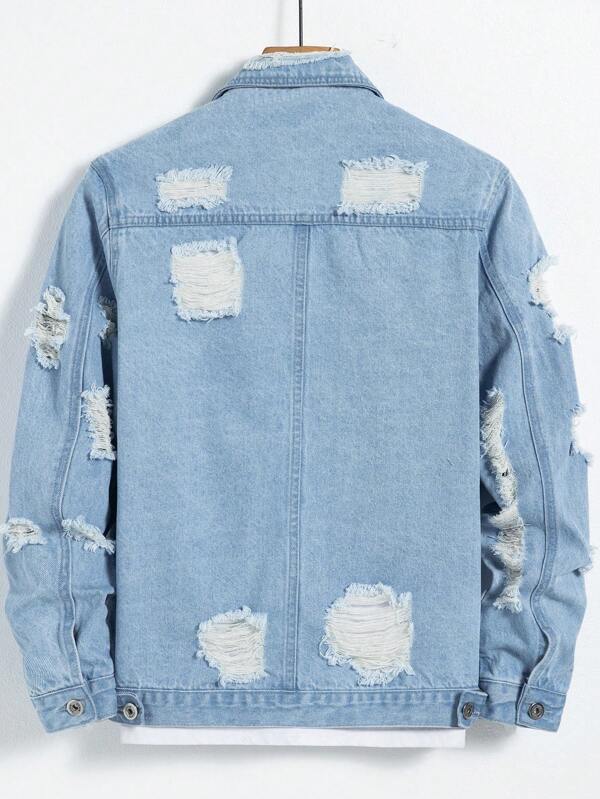 Manfinity EMRG Men Cotton Ripped Frayed Flap Pocket Denim Jacket Without Tee