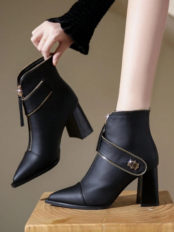 Women's Chunky Heel Pointed Toe Front Zipper Ankle Boots, Trendy Boots