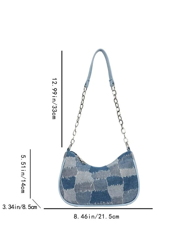 Geometric Pattern Chain Decor Denim Baguette Bag