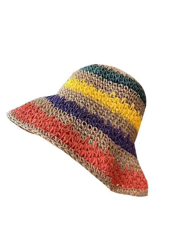 1pc New Korean Style Multicolor Foldable Sun Crochet Hat For Beach, Travel And Vacation