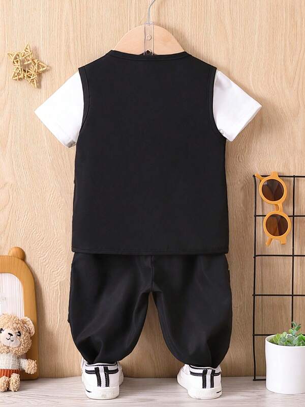 Baby Flap Pocket Buckle Detail Vest Jacket & Cargo Pants Without Tee