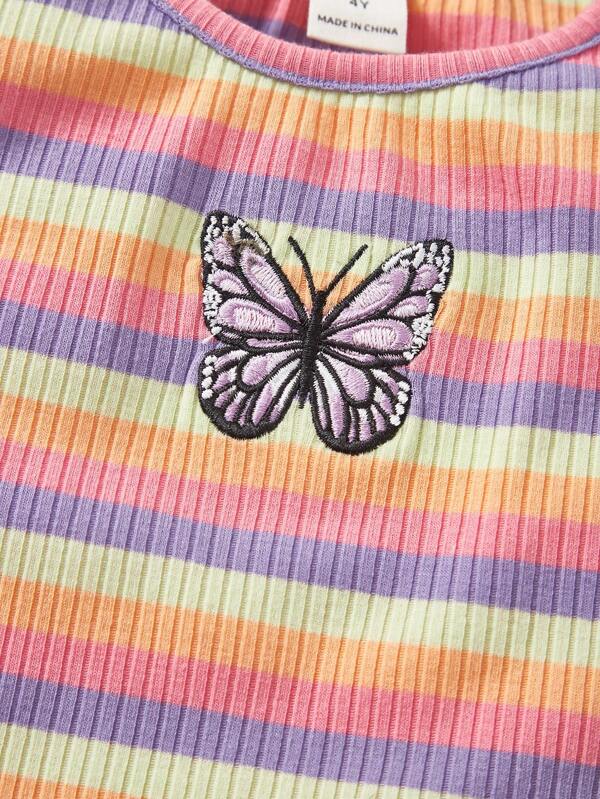 Toddler Girls Striped Embroidery Butterfly Pattern Ruffle Trim Tee