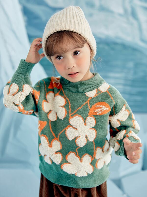 Toddler Girls Floral Pattern Drop Shoulder Sweater