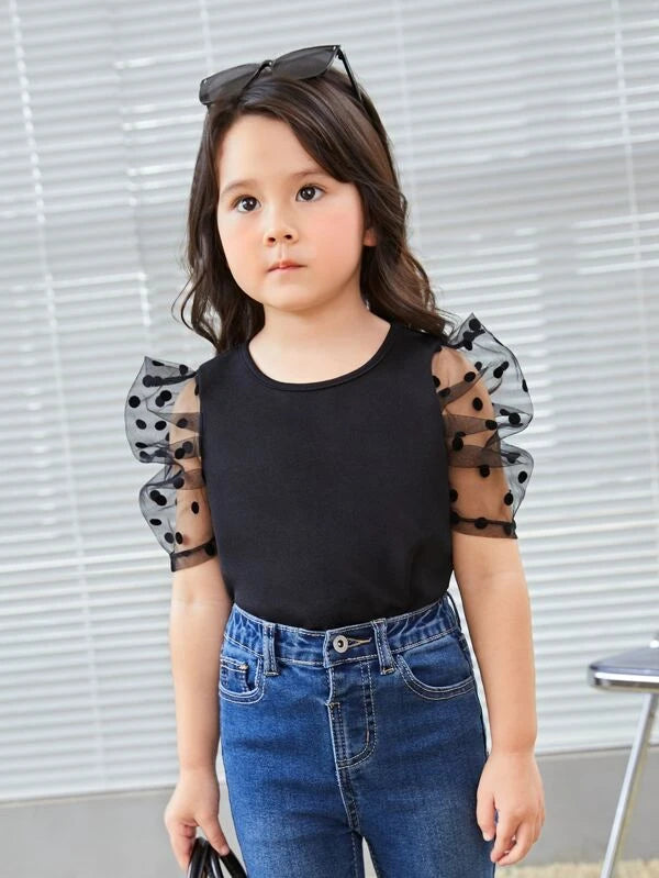 SHEIN Kids CHARMNG Toddler Girls Contrast Dobby Mesh Puff Sleeve Blouse