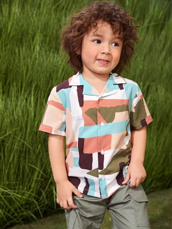 SHEIN Toddler Boys Color Block Button Front Shirt