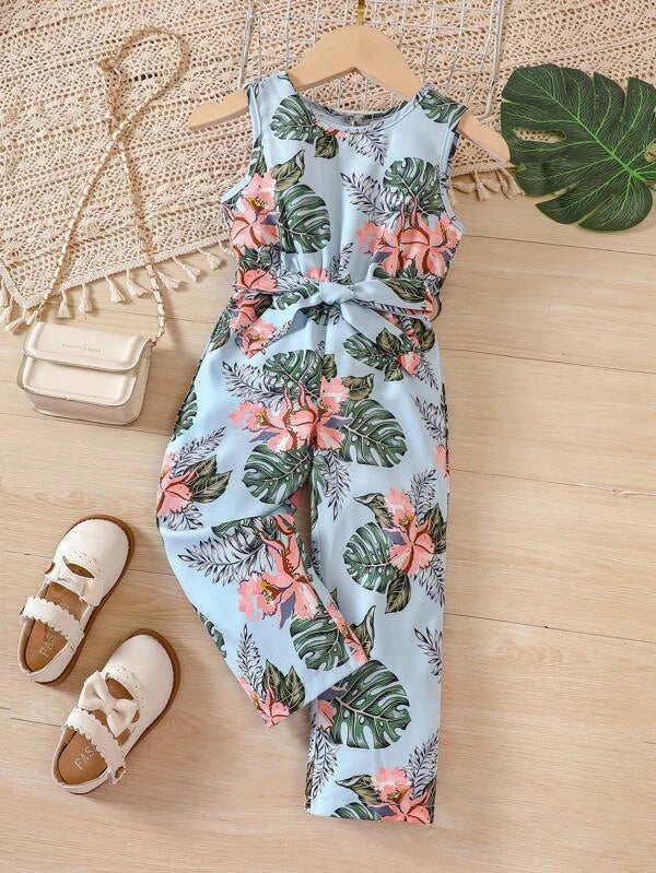 Toddler Girls Tropical Print Belted Tank Jumpsuit