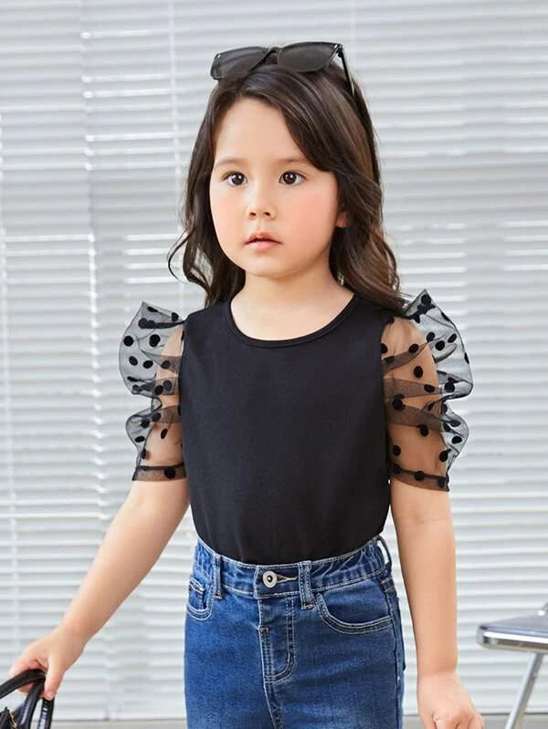 SHEIN Kids CHARMNG Toddler Girls Contrast Dobby Mesh Puff Sleeve Blouse