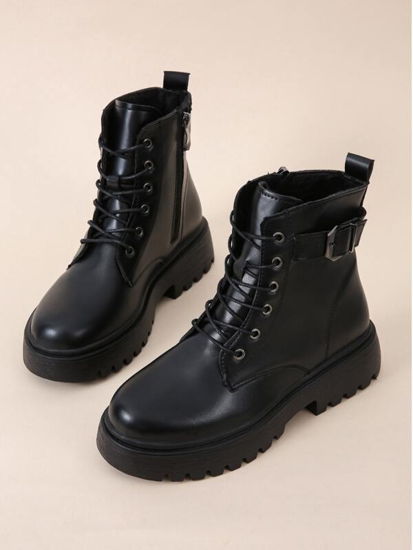 Women Buckle Design Lace-Up Front Minimalist Side Zipper Combat Boots